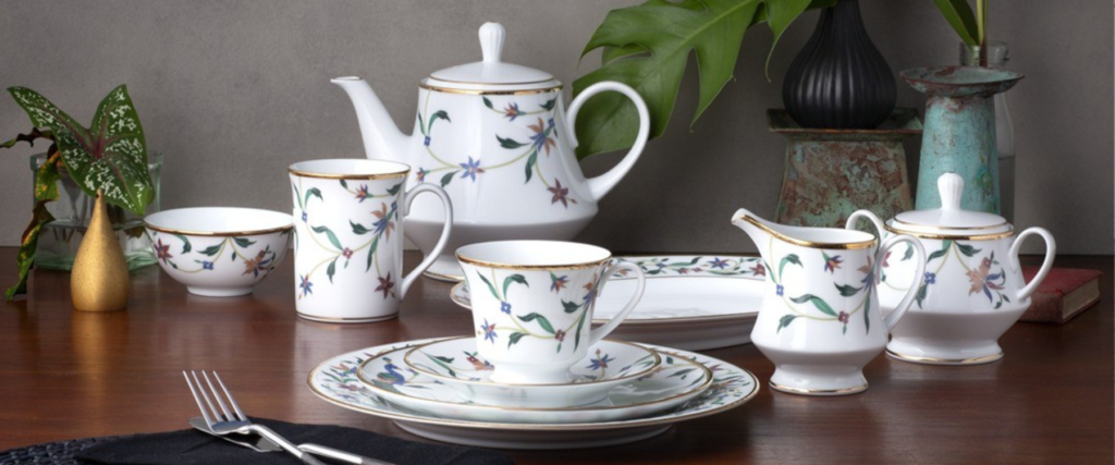 Wooden table with Noritake Bountiful Garden collection tea set